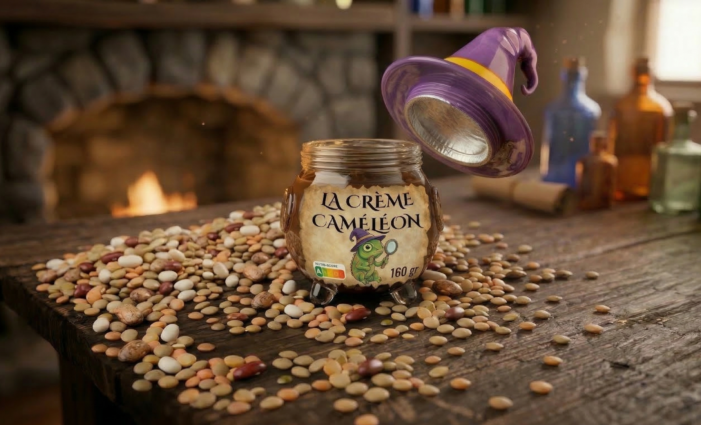 photo du pot la crème caméléon posé sur une table avec des légumineux